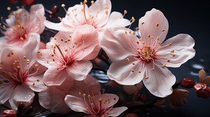 Stunning pink cherry blossoms isolated on black background. 