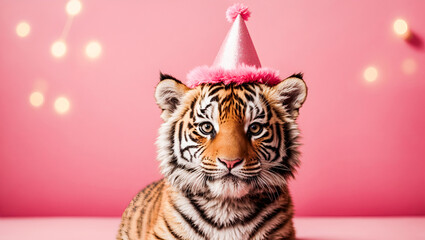 Cute Maltese tiger wearing party hat on pink background with copy space, babytiger birthday party concept. Ai Generative