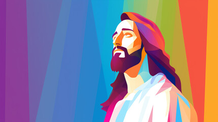 Silhouette of Jesus Christ in rainbow colors. 2d flat graphic design of the Christianity leader in...