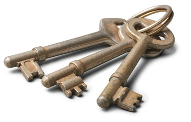 bunch of old door keys, three used metallic silver house keys isolated on white background, selective focus with copy space