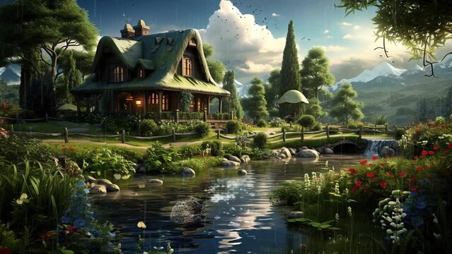 Gentle Rainfall Over Cottage: Lush Landscape & Calming Pond Effects. 4K Seamless Looping Video Background.