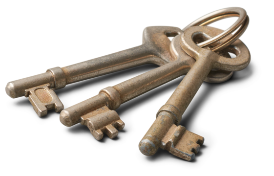 bunch of old door keys, three used metallic silver house keys isolated on white background, selective focus with copy space
