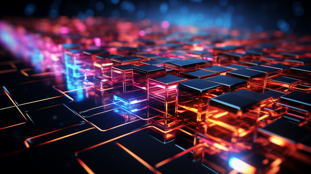 Futuristic tech background in black, purple and blue light.