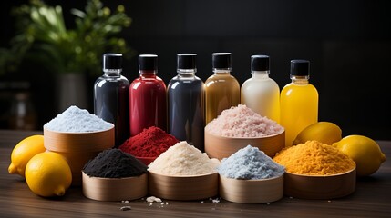 Colorful powders and liquids in bowls and bottles