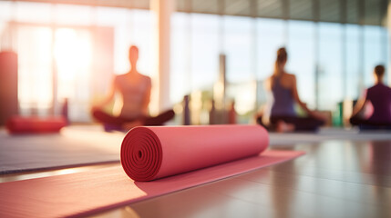 Rolled up pink yoga mat inside a workout studio indoors. - obrazy, fototapety, plakaty