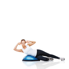 Balance, training and woman with bosu ball in workout, core exercise and wellness on white background. Muscle, strength and power with challenge on mockup space, athlete and fitness tools in studio