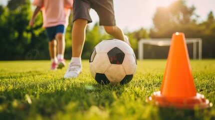Children playing control soccer ball tactics cone on grass field with for training background Training children in Soccer 