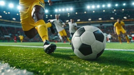 Close up of a football action scene with competing soccer players at the stadium