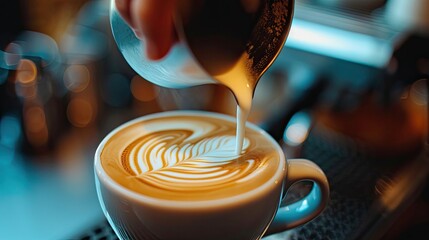 Close-up of professionally extracting coffee by barista with a pouring steamed milk into coffee cup making beautiful latte art. coffee, extraction, deep, cup, art, barista concept - obrazy, fototapety, plakaty