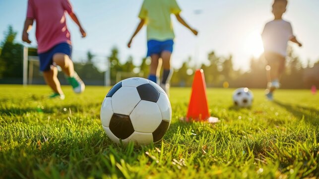 Children playing control soccer ball tactics cone on grass field with for training background Training children in Soccer 