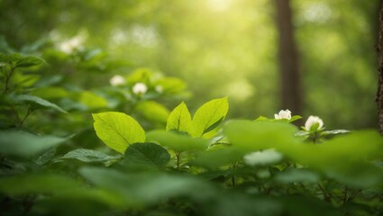 Obraz premium Tranquil Summer Forest Landscape with Green Trees and Sunlight