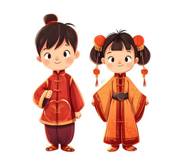 cartoon chinese newyear boy and girl on transparent background