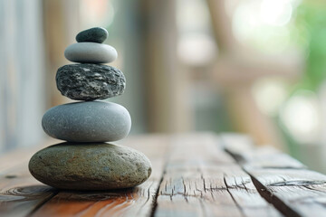 Stack of zen stones on the wooden table