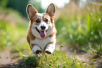 Corgi dog running in the field in summer