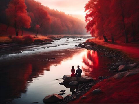 sunset on the river lovely cupple