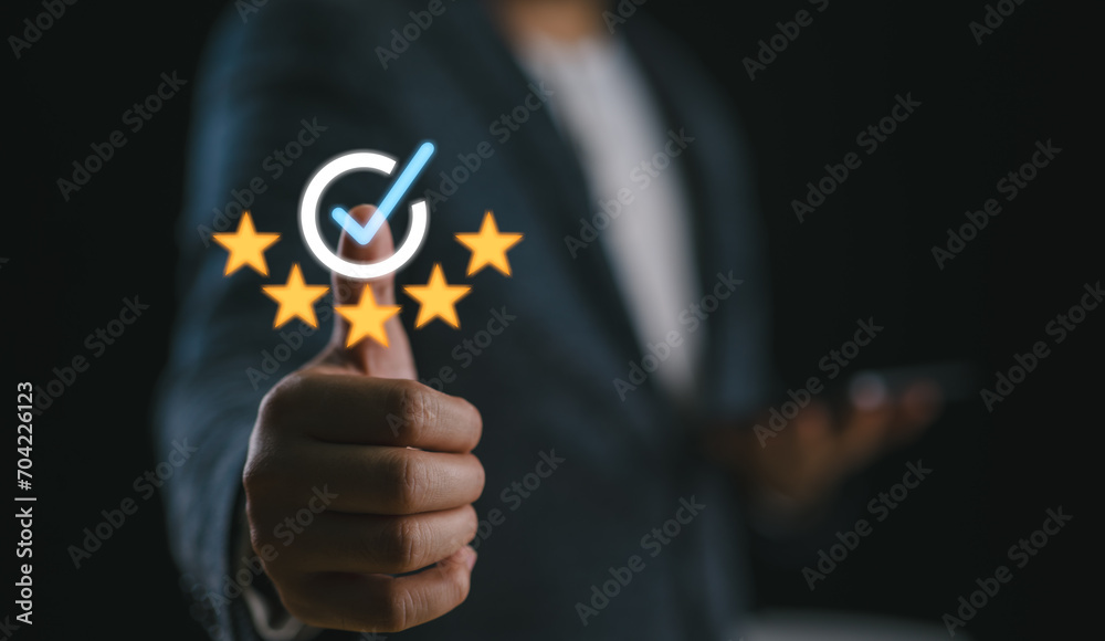 Poster hand with thumb up and shows the sign of the top service quality assurance, iso certification and st