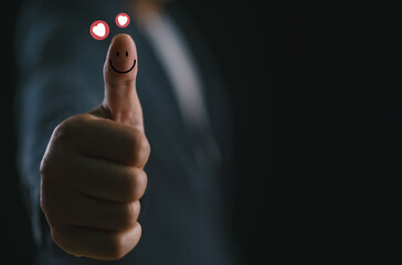 Businessman thumb up showing happy smile face and red heart emotion, good satisfaction feedback rating, customer review, assessment, think positive, good mood, world mental health day, Compliment Day