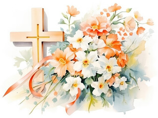 Watercolor illustration painting of a bouquet of colorful spring flowers next to a wooden cross at easter