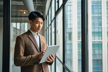 Young Japanese business man, Asian company manager or entrepreneur wearing suit holding digital tablet pc standing near big office window checking financial services or corporate, Generative AI  - obrazy, fototapety, plakaty
