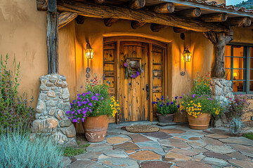 Charming rustic cottage entrance with a wooden door, floral decoration, and warm lanterns at evening.