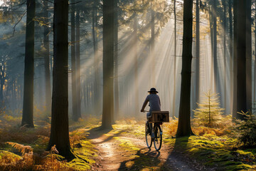 A serene scene of a person riding a bicycle on a forest trail illuminated by beautiful sun rays in the morning.