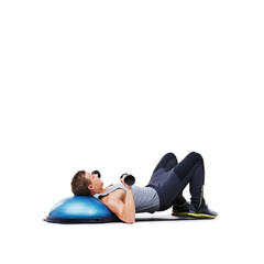 Obraz premium Fitness, bosu ball or man in dumbbell workout performance for wellness in studio on white background. Strong male athlete, bodybuilder or training equipment for mockup space, challenge or weights