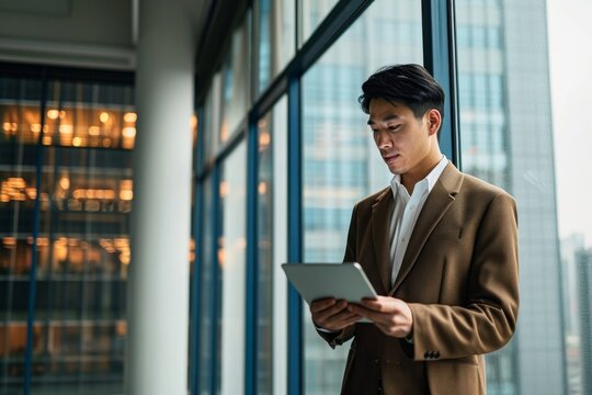 Young Japanese business man, Asian company manager or entrepreneur wearing suit holding digital tablet pc standing near big office window checking financial services or corporate, Generative AI 