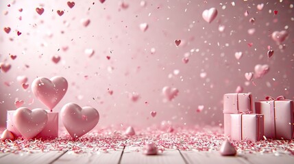 3d love decoration background for valentine, without text, copyspace, mockup, banner, hearts backdrop, confeti, celebration, giftbox, Generative Ai