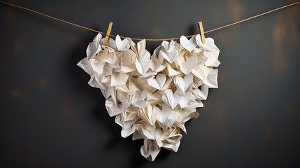 Crumpled paper hanging heart shape clothing pins, generative ai - obrazy, fototapety, plakaty