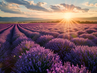 Bloomed purple Lavander field at sunset / sunrise / golden hour 