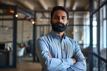 Fototapeta na wymiar Confident happy successful ceo financial manager. Bearded indian businessman looking at camera standing in modern office with arms crossed. Handsome classy corporation owner. Generative AI 
