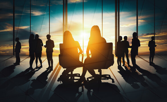 Double Exposure Image Of Many Business People Conference Group Meeting On City Office Building In Background Showing Partnership Success Of Business Deal. Concept Of Teamwork, Trust And Agreement. Uds