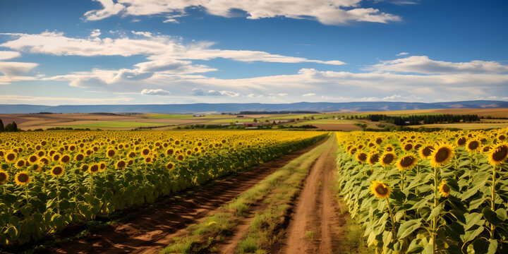rows of sunflowers beside farm road