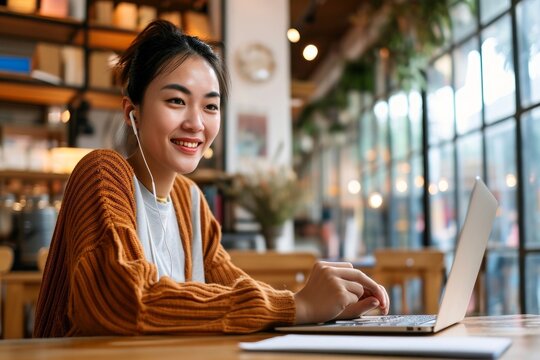 Young Smiling Asian Woman Student Using Laptop Computer Wearing Earbud, Taking Notes Watching Online Class Elearning Webinar Training, Having Hybrid Remote Video Call Or Virtual Work, Generative AI 