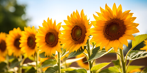 Obraz premium selective focus low angle shot of row of sunflowers