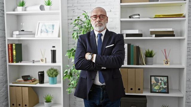 A mature businessman with a beard poses confidently in a modern office setting, exuding professionalism and experience.