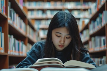 Asian student studying in a library, surrounded by books.