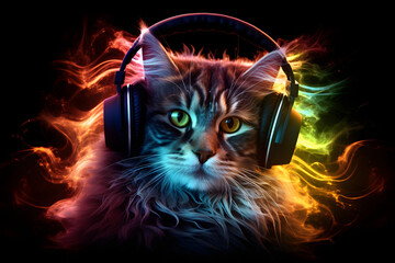 cat wearing headphones, enjoying music flow, feeling emotions in vibrant colour vibes, colourful dynamic sound waves and abstract digital light effects covering her hair