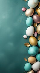 Easter eggs painted in blue color. Vertical holiday banner
