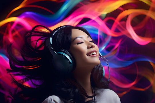 asian woman wearing headphones, enjoying music flow, feeling emotions in vibrant colour vibes, colourful dynamic sound waves and abstract digital light effects covering her hair