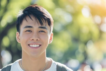 Asian young smiling man enjoying a sunny day in a city park.