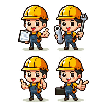 set of construction worker mascot character design premium vector