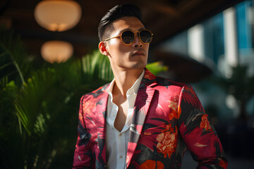 portrait of a stylish modern asian man wearing elegant high-fashion clothes on vacation