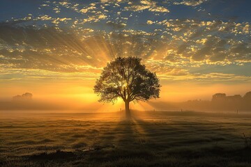 Serene sunrise bliss. Breathtaking nature landscape with sun peeking misty trees creating perfect harmony of sunlight morning fog and summer fields ideal for evoking tranquility and beauty in outdoor