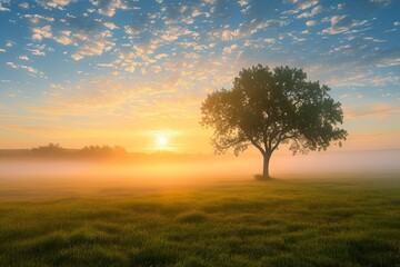 Obraz premium Serene sunrise bliss. Breathtaking nature landscape with sun peeking misty trees creating perfect harmony of sunlight morning fog and summer fields ideal for evoking tranquility and beauty in outdoor
