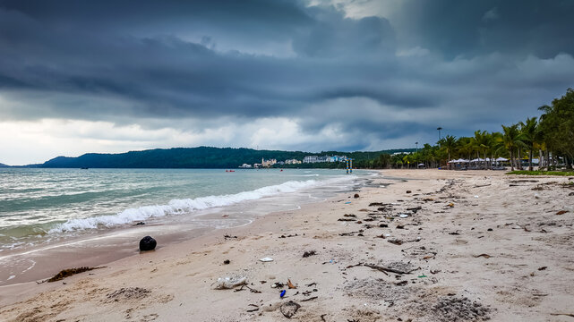 A deserted tropical beach littered with trash under stormy skies, depicting environmental pollution and the need for ocean conservation