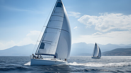 Obraz premium Two sail boats out in the sea on a bright sunny day. 