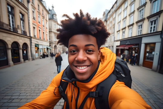 Happy traveller black teen with backpack taking selfie picture - Travel blogger Life style and technology concept