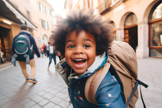 Happy traveller black child with backpack taking selfie picture - Travel blogger Life style and technology concept