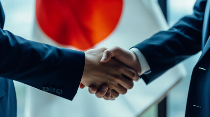 日本国旗の前で握手する様子